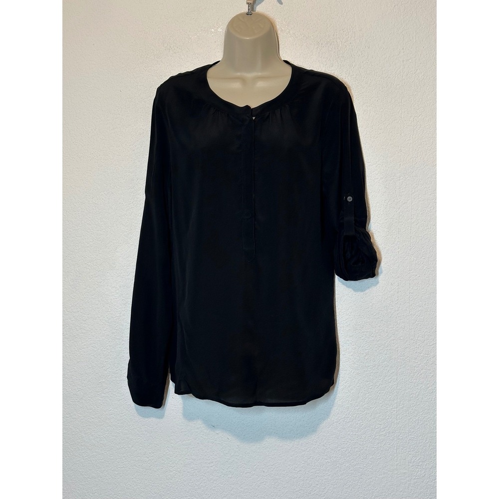 Banana Republic Womens Black 100% Silk Roll Tab Sleeve Blouse M Hidden Button